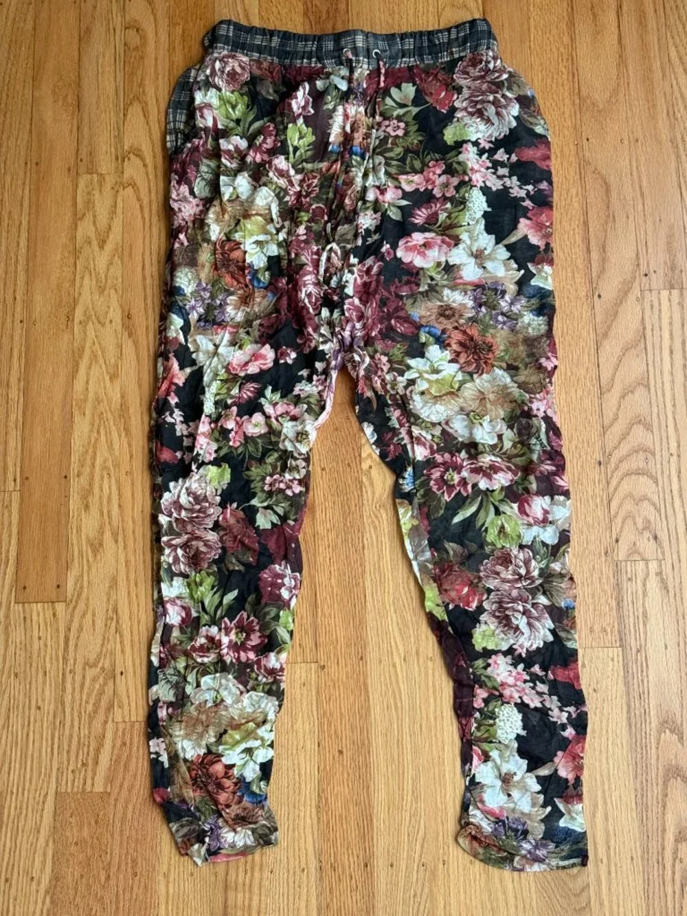 Mango Floral Linen-Style Translucent Tapered Trousers with Plaid Waistband Small